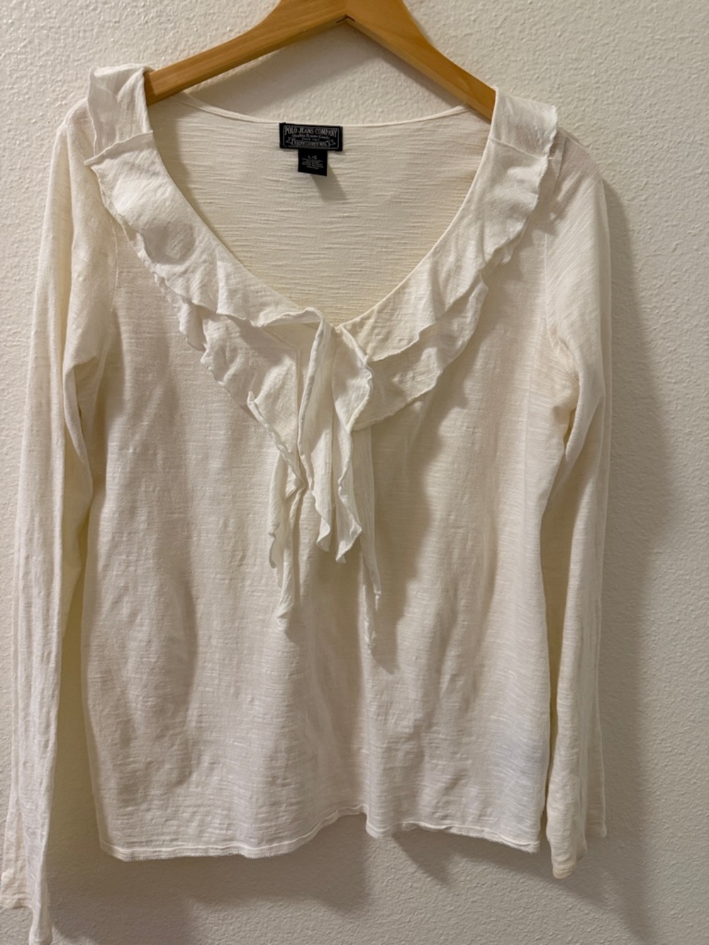 Polo by Ralph Lauren Cream Ruffle V-Neck Long Sleeve Top